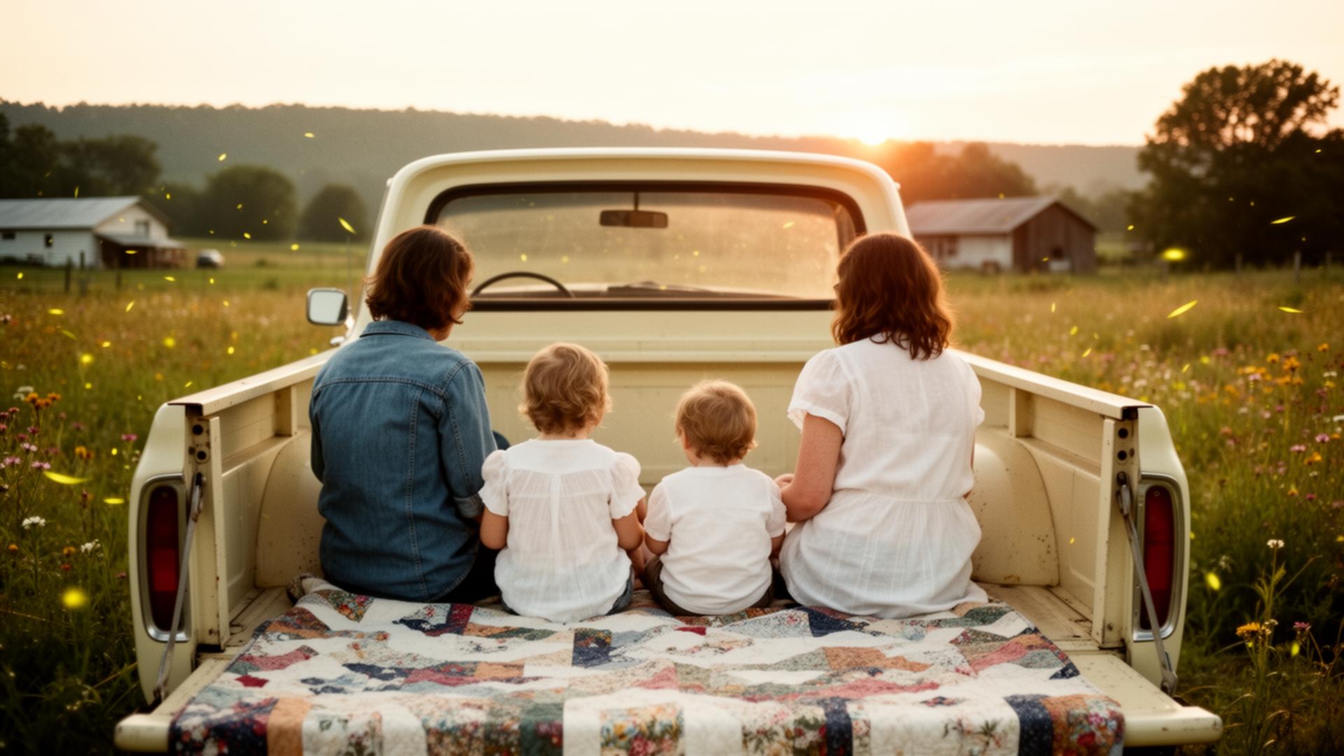 Family seated in the bed of the vintage truck at sunset