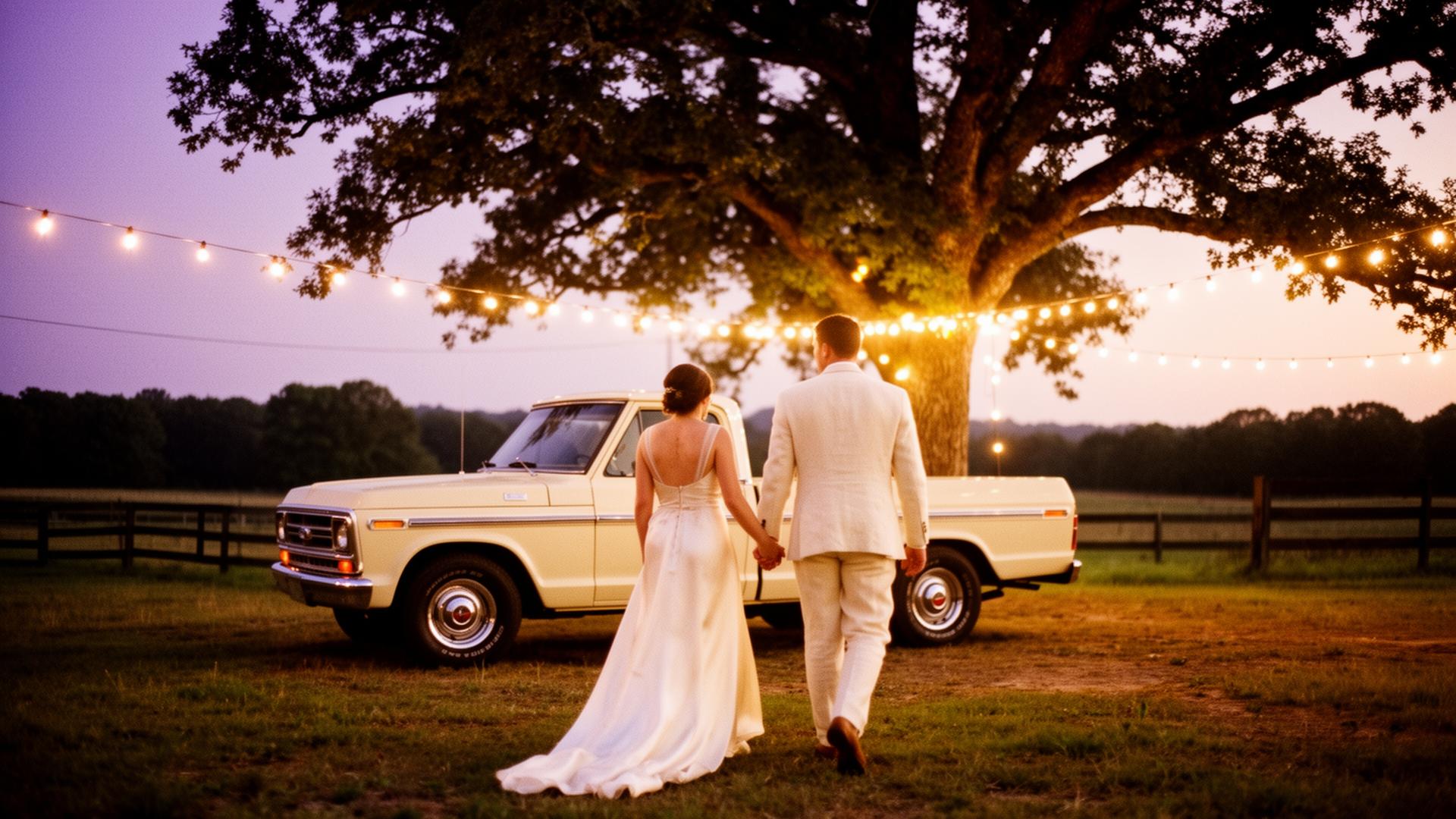 Bride and groom beside the vintage truck at dusk